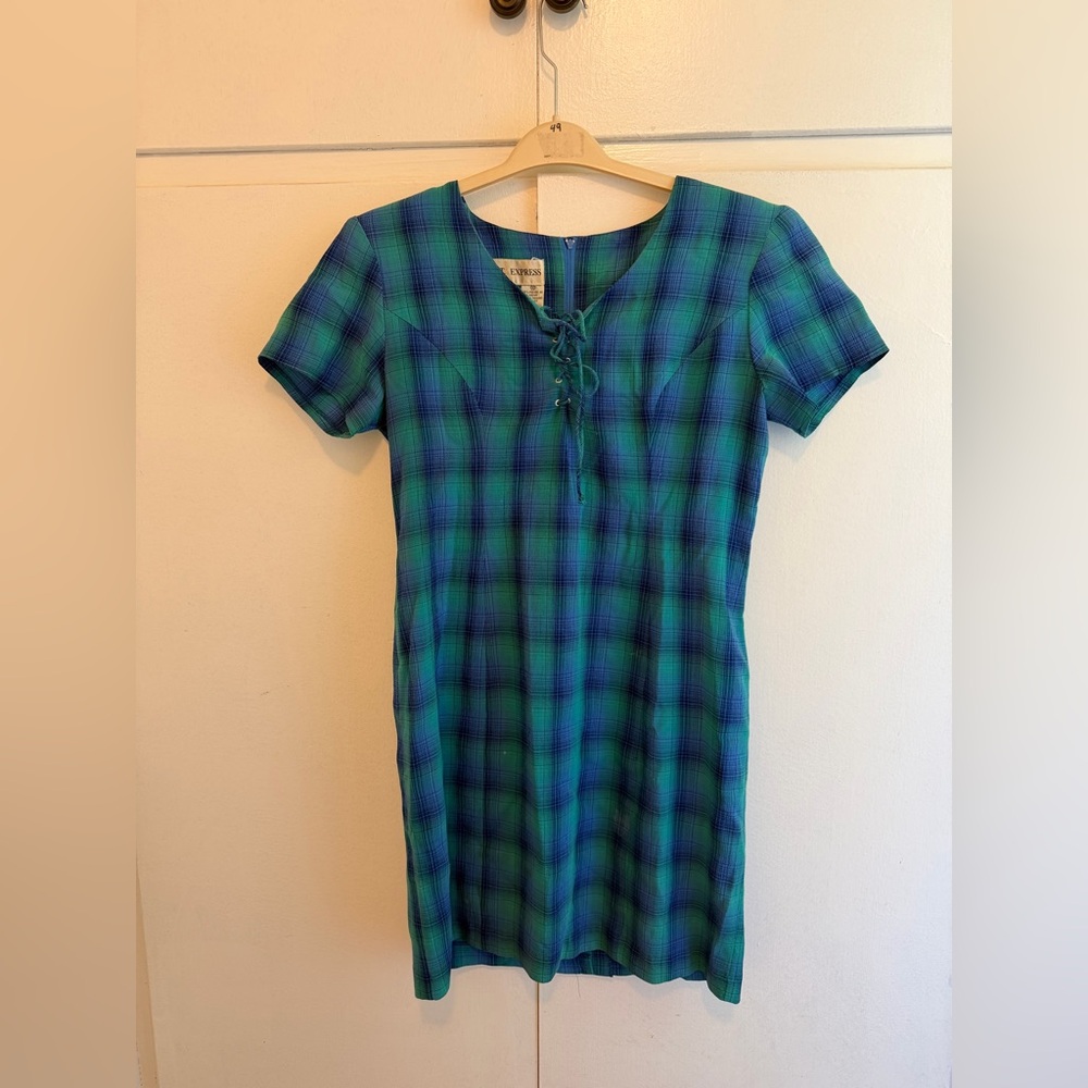 Vintage Plaid Tartan 80s 90s Lace Up Minidress Shoulder Pads B.T. Express EUC